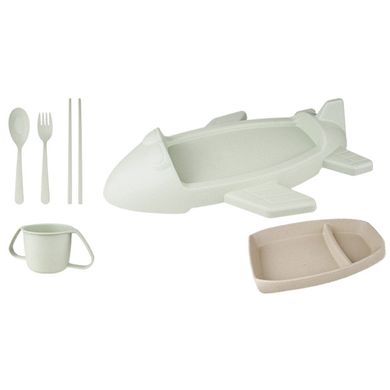 Детский набор посуды Stenson R87745 "Самолет", из пшеничной шелухи, 6 предметов, мятный