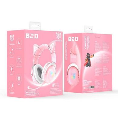 Навушники з вушками бездротові Bluetooth ONIKUMA Gaming CAT B20 LED з підсвіткою Pink