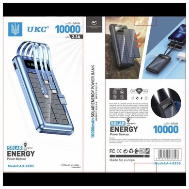 Повербанк 10000mAh УМБ Power Bank UKC 8285 з кабелями та сонячною панеллю Blue