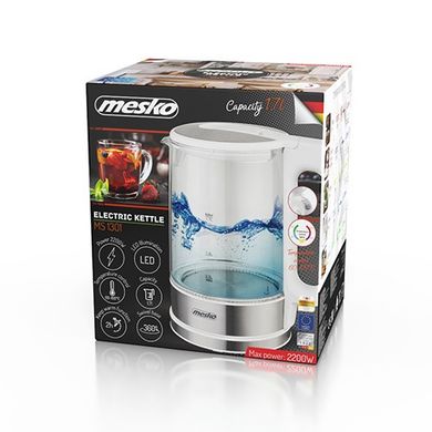 Чайник електричний скляний з терморегулятором Mesko MS 1301w білий