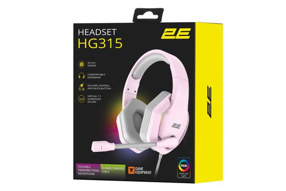 Ігрові навушники провідні з підсвіткою 2E Gaming HG315, 7.1 USB-A RGB 2м рожеві