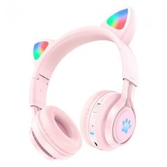 Беспроводные наушники с ушками детские HOCO W39 Cat ear kids с подсветкой RGB розовые