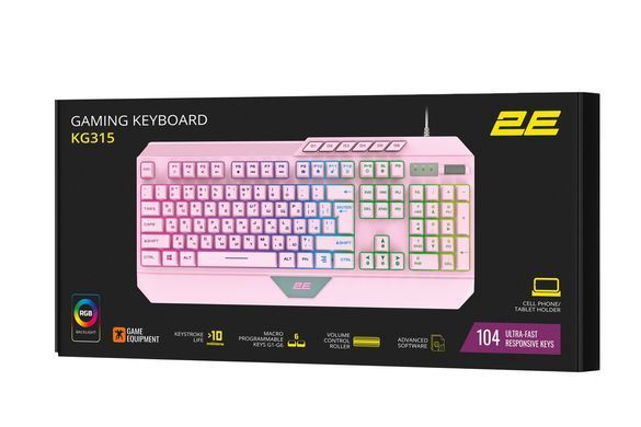 Игровая клавиатура проводная 2E Gaming KG315 USB-A EN/RU RGB розовая